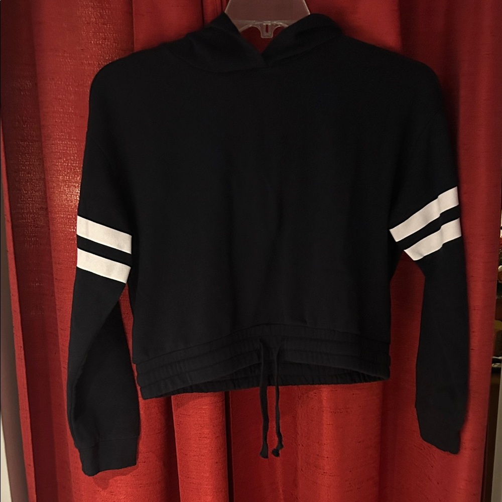 Forever 21 Black Cropped Hooded Sweatshirt with White Sleeve Stripes